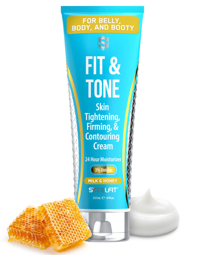 SteelFit lotion front packaging showing bottle and label, clear contouring benefit