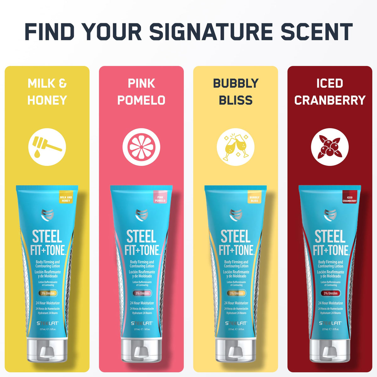 SteelFit lotion placed on bathroom shelf in lifestyle setting, suggesting daily routine benefit