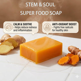 Stem and Soul bar slice showing warm inner color and uniform soap composition