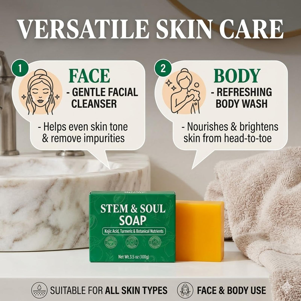 Stem and Soul soap on bathroom shelf styled for everyday skincare routine appeal
