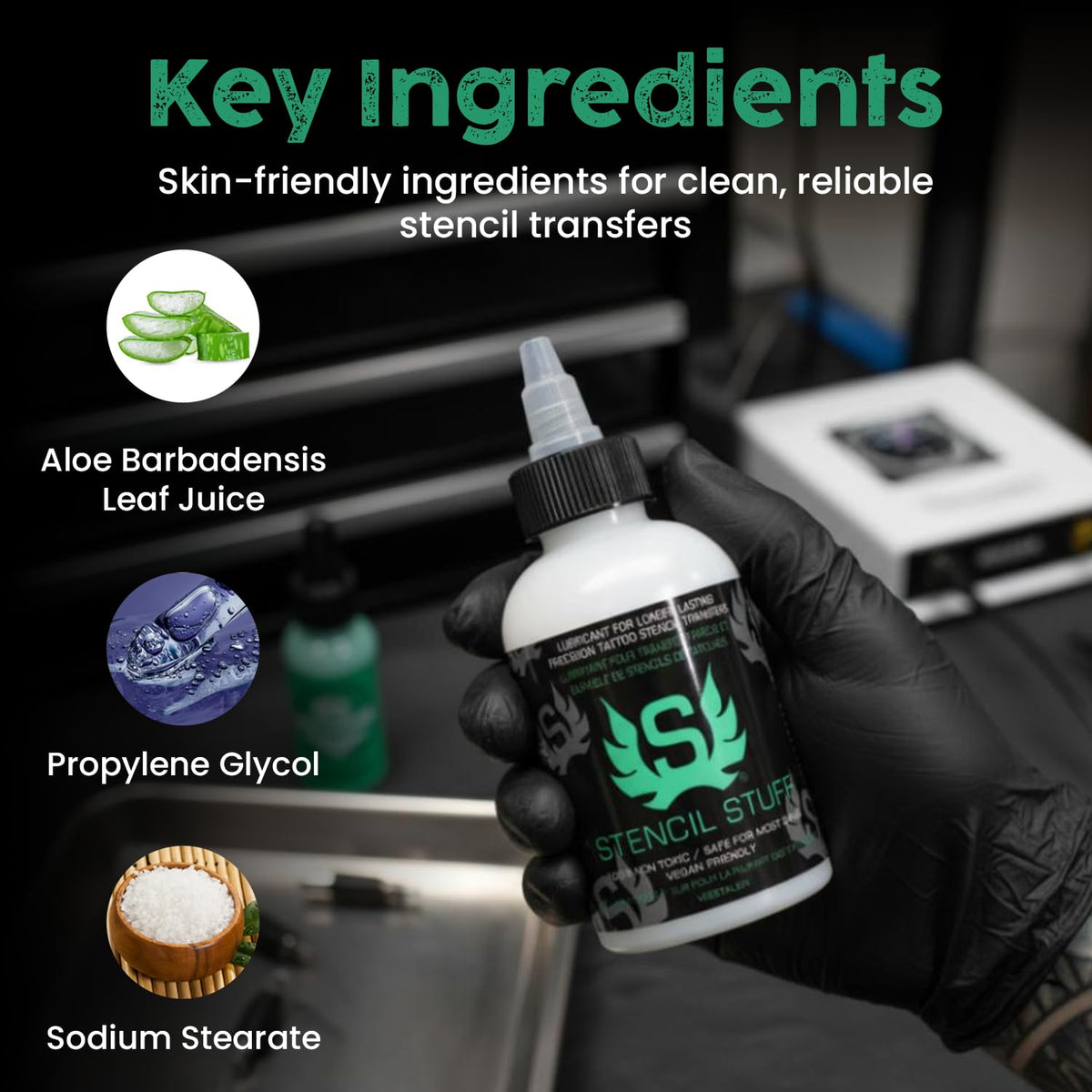 Stencil Stuff label close-up highlighting vegan-friendly clean ingredients
