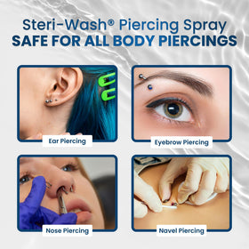 STERI - WASH being applied to a pierced ear for gentle cleaning