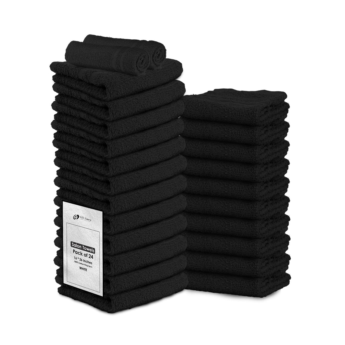 STF Linen front pack of 24 black cotton towels showing quantity and size benefit