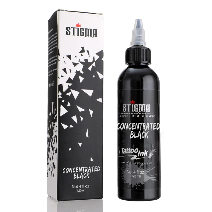 STIGMA front bottle view showing 120ml black ink and professional packaging benefit