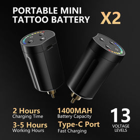 STIGMA two 1400 mAh batteries displayed for long cordless tattoo sessions