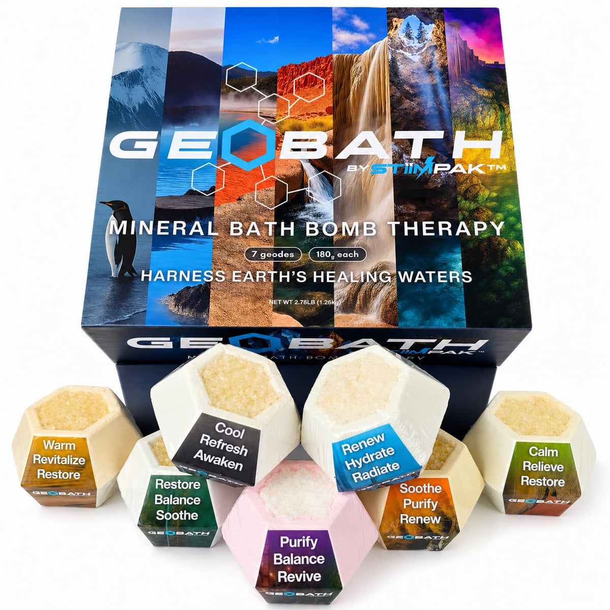 STiiMPAK front packaging showing seven mineral bath bombs and clean design benefit