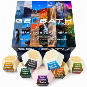 STiiMPAK front packaging showing seven mineral bath bombs and clean design benefit