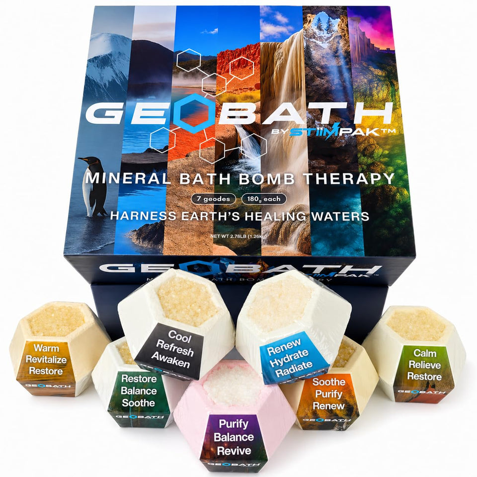 STiiMPAK front packaging showing seven mineral bath bombs and clean design benefit