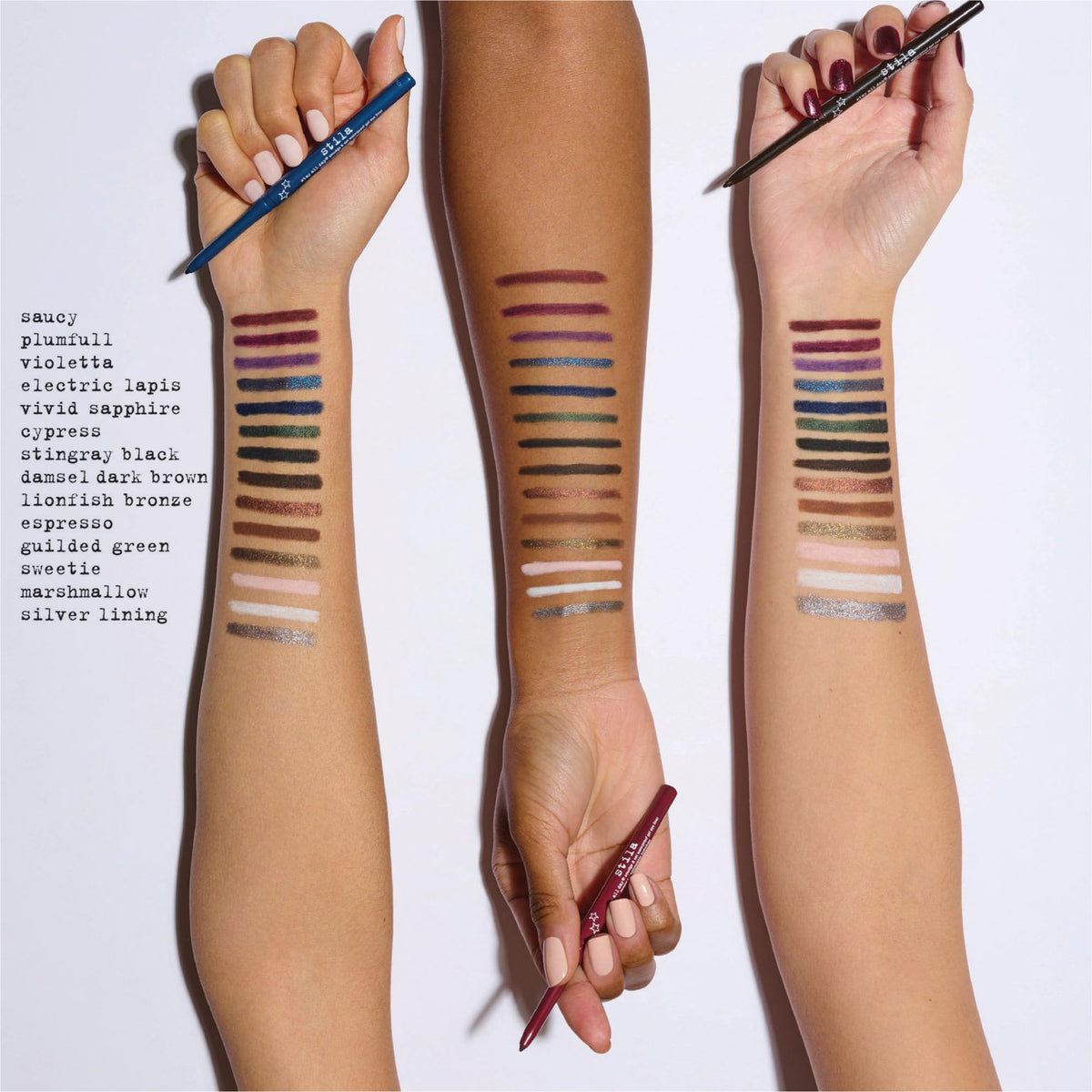 stila gel pencil swatches on arm showing intense, buildable color payoff