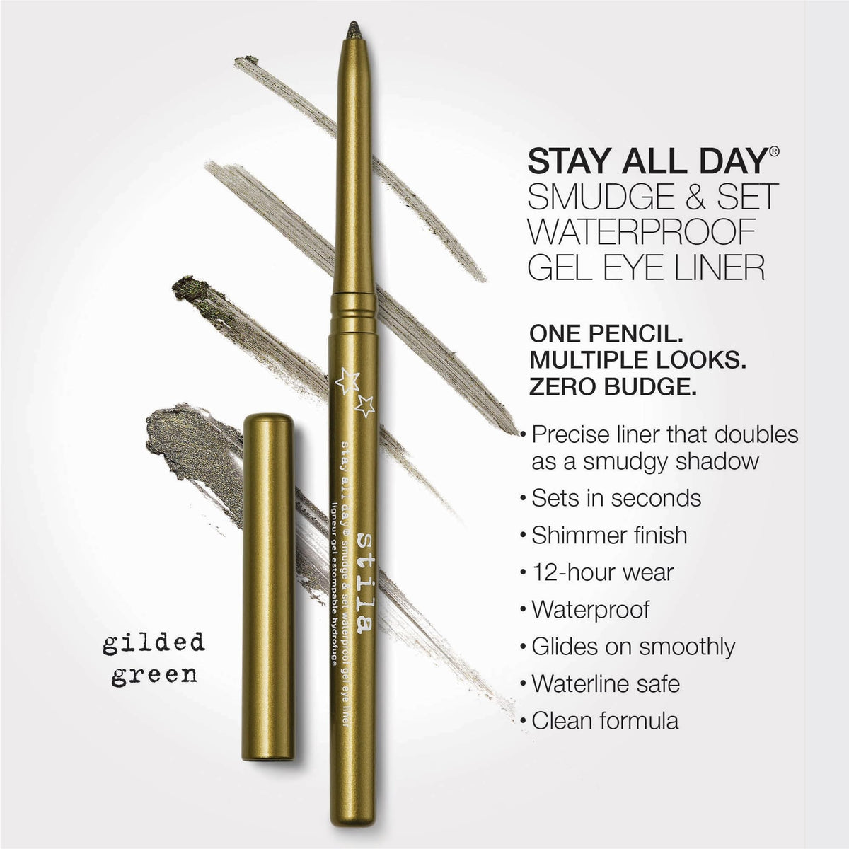 stila gel pencil tip close-up demonstrating creamy glide for precise lines