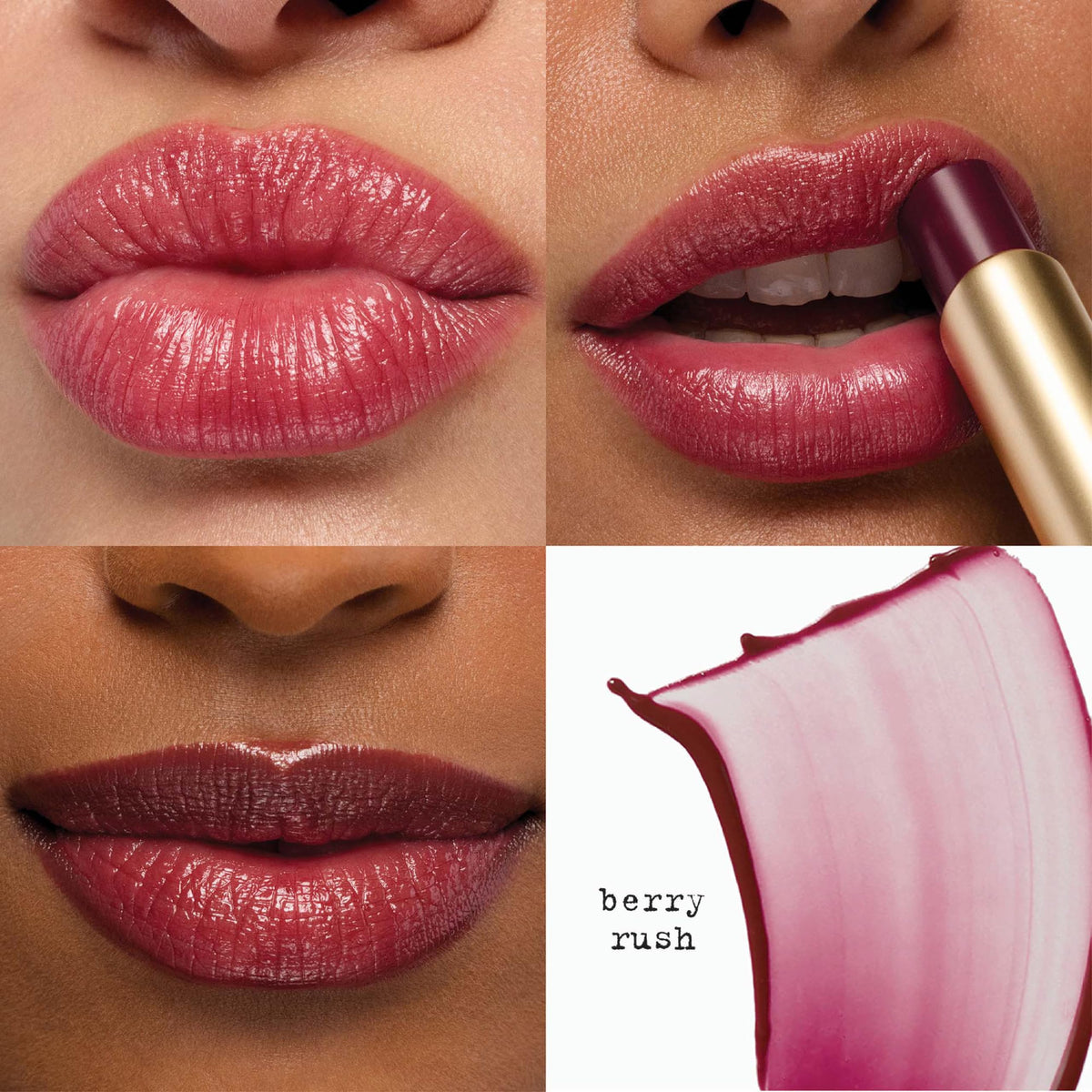 stila close-up on lips wearing Berry Rush showing sheer color and glossy finish
