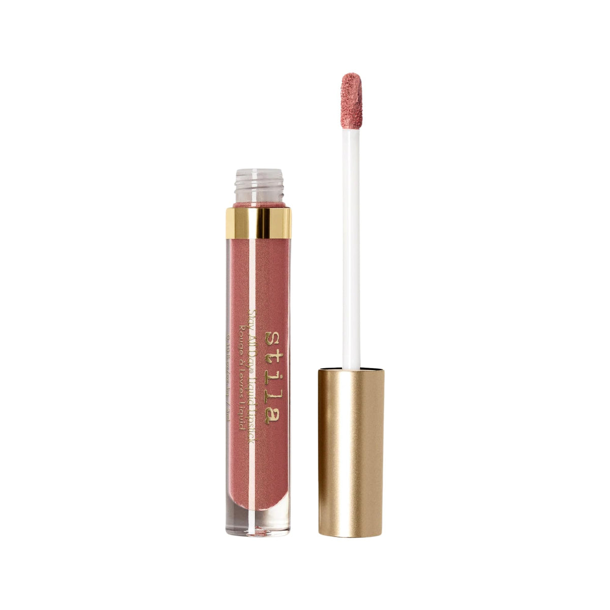 stila shimmer liquid lipstick front packaging showing product and shade benefits
