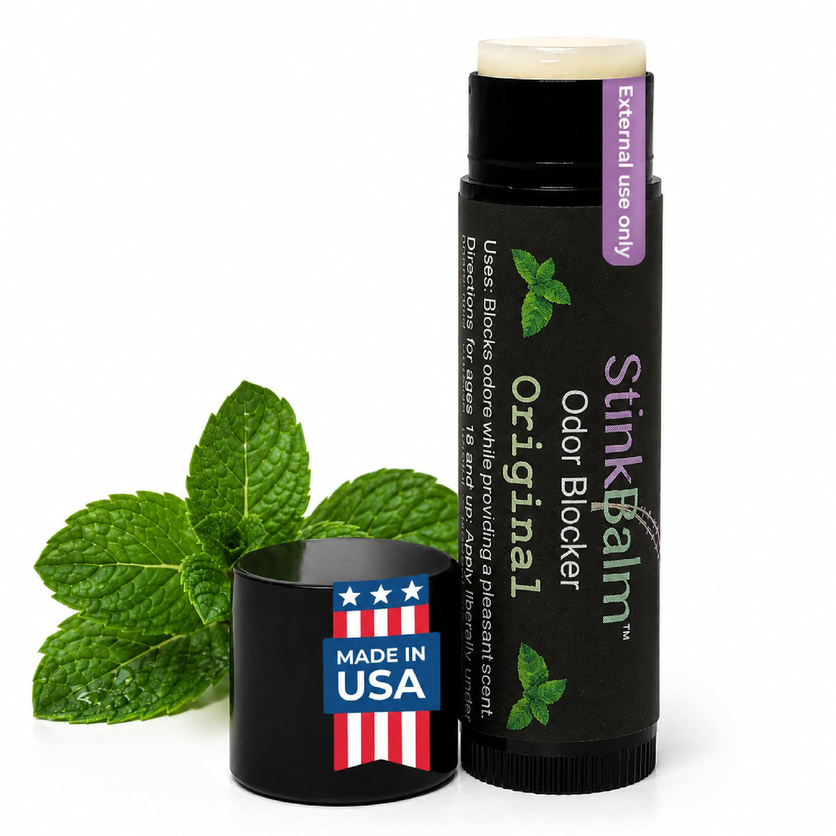 StinkBalm front tin showing compact portable balm and clear branding