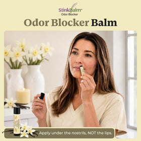 StinkBalm vanilla with cap open demonstrating easy under-nose application