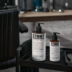 STMNT applied to beard illustrating easy spread and effective cleansing for facial hair