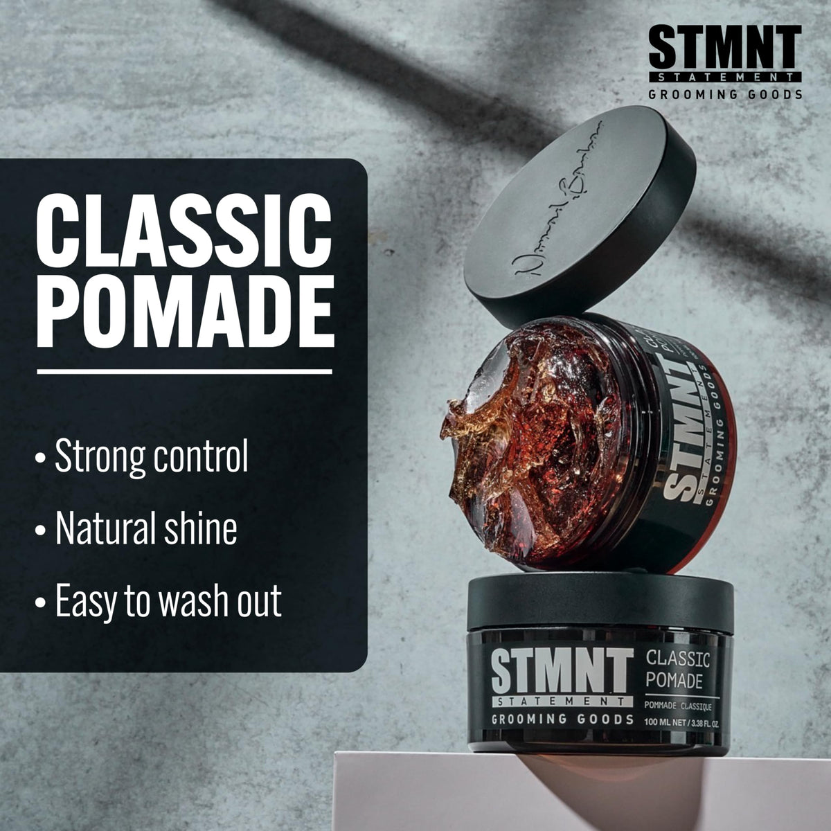 STMNT open jar close-up showing creamy pomade texture for easy pickup