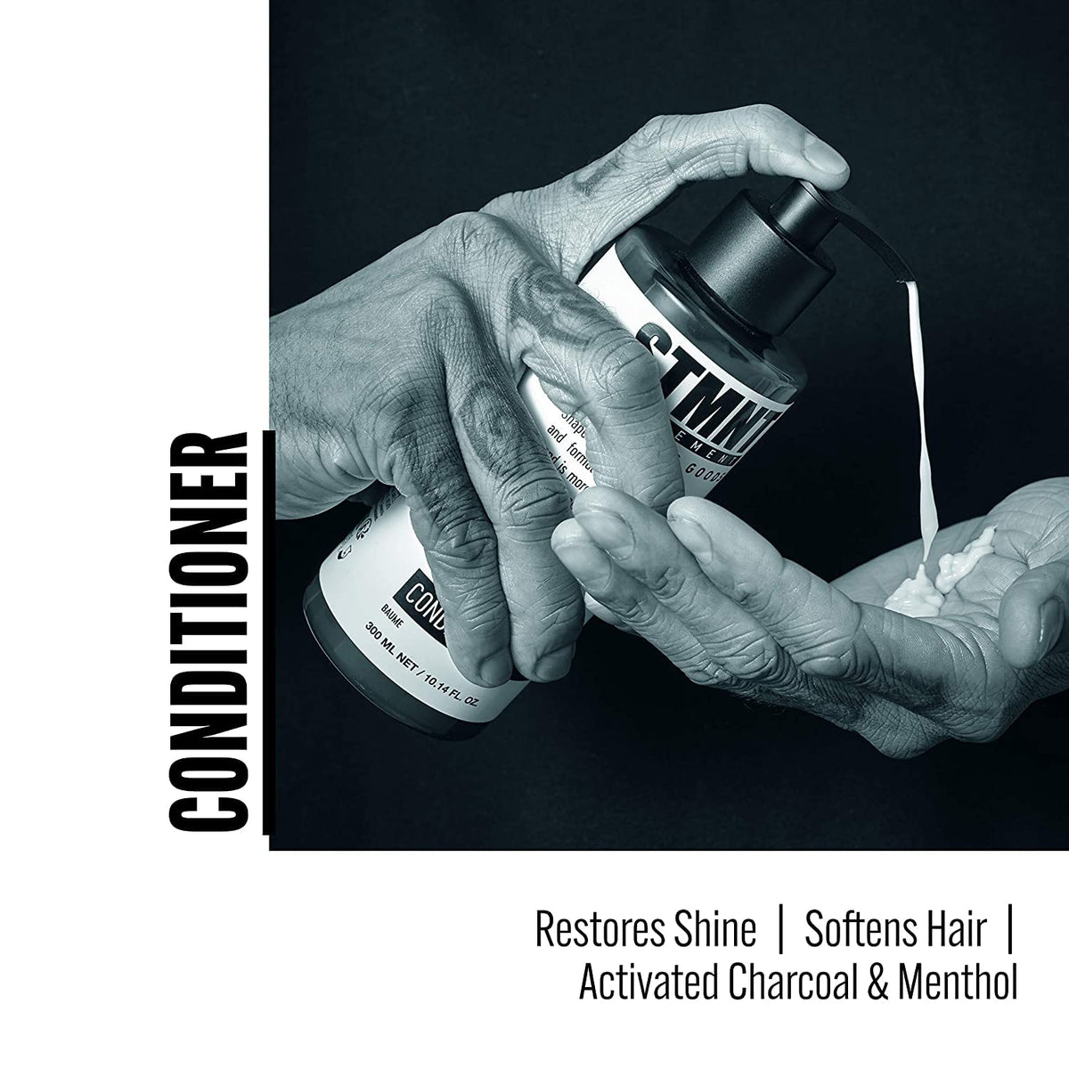 STMNT conditioner close-up label highlighting active charcoal and menthol benefits clearly