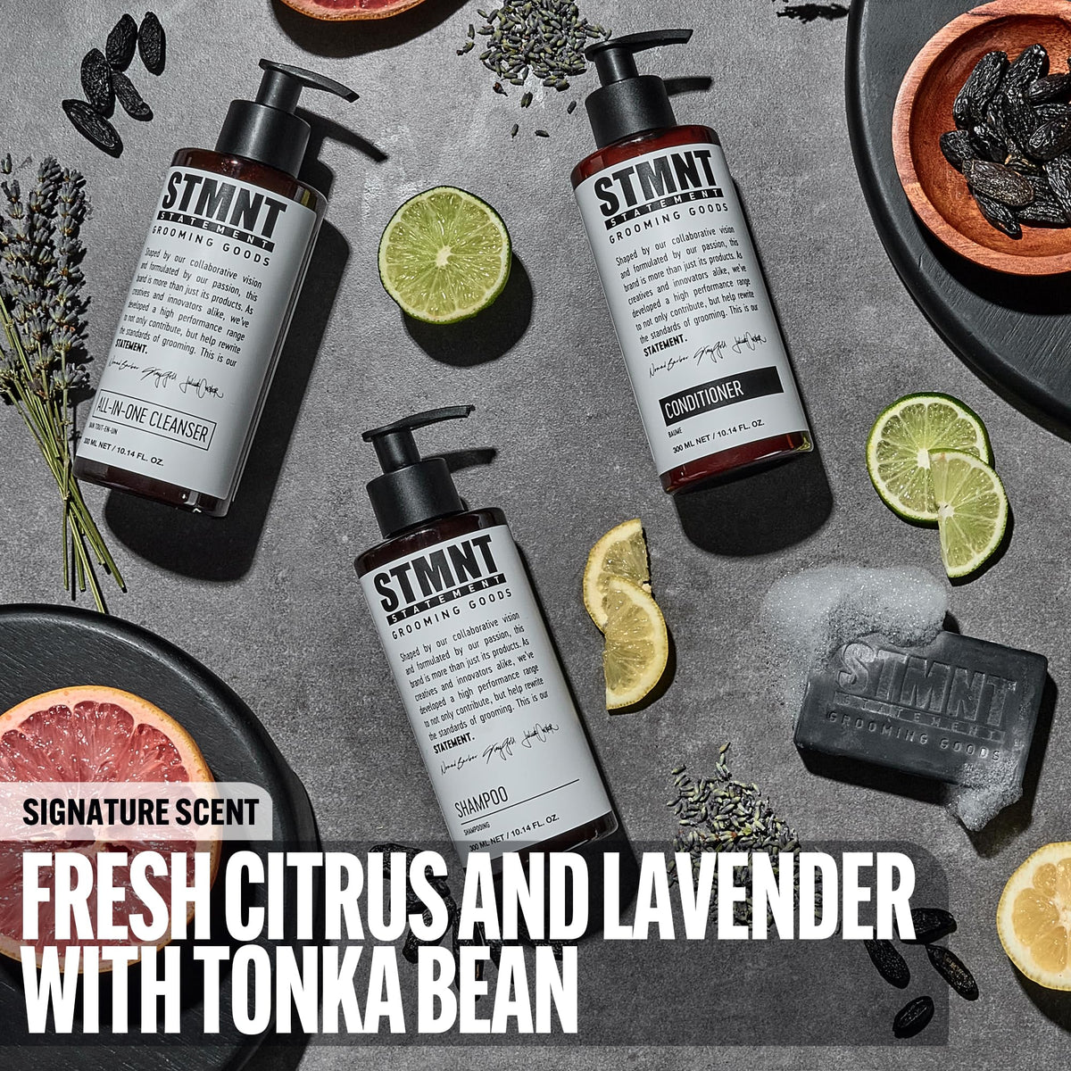 STMNT conditioner pour and texture illustrating creamy formula and lightweight glide benefit