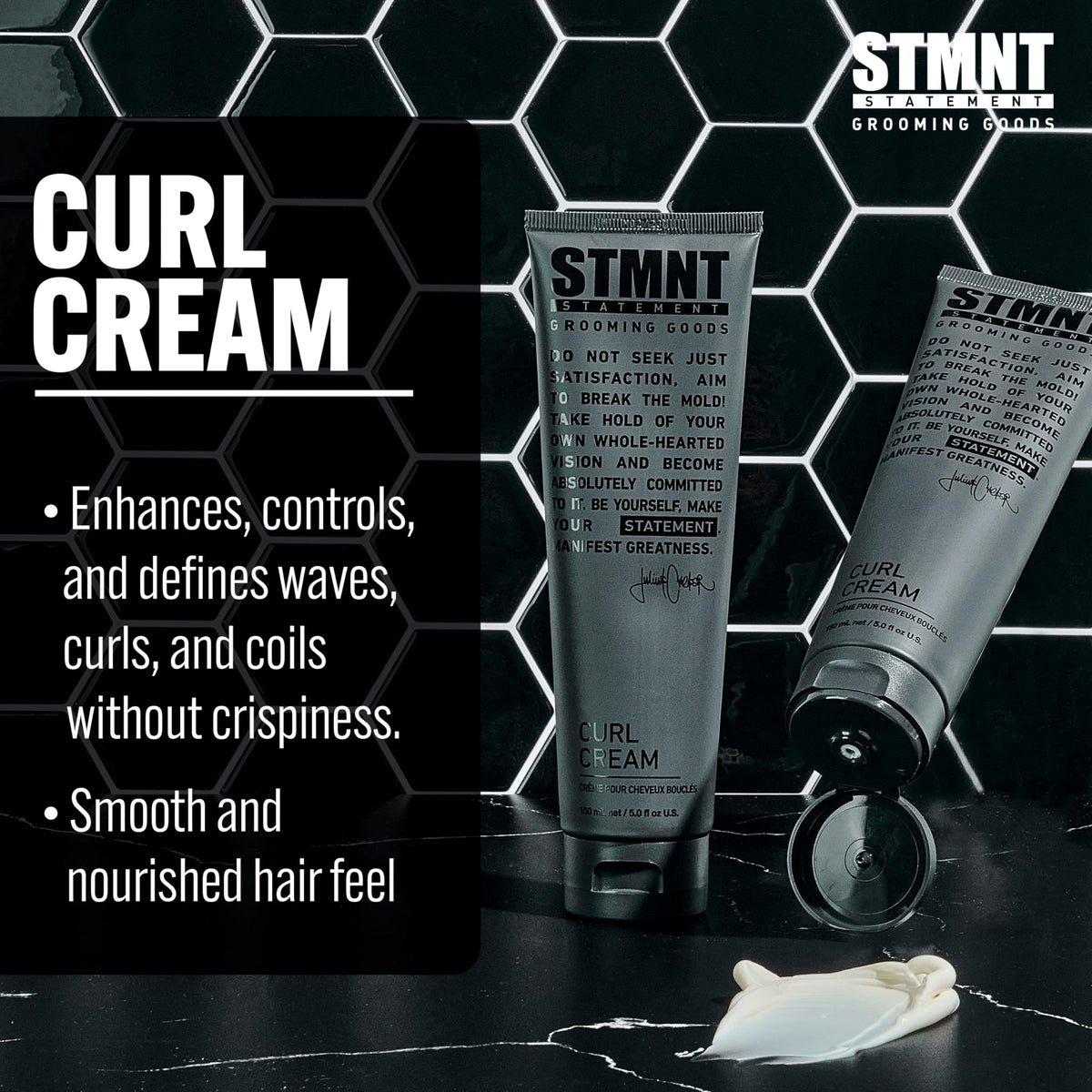 STMNT curl cream being applied to damp hair for enhanced curl definition