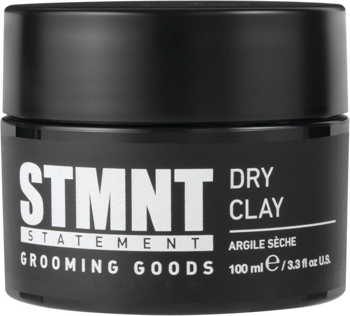 STMNT dry clay front packaging showing jar and label for strong matte hold