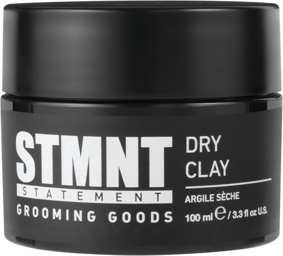 STMNT dry clay front packaging showing jar and label for strong matte hold