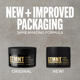 STMNT fiber pomade on bathroom counter lifestyle shot showing modern grooming routine