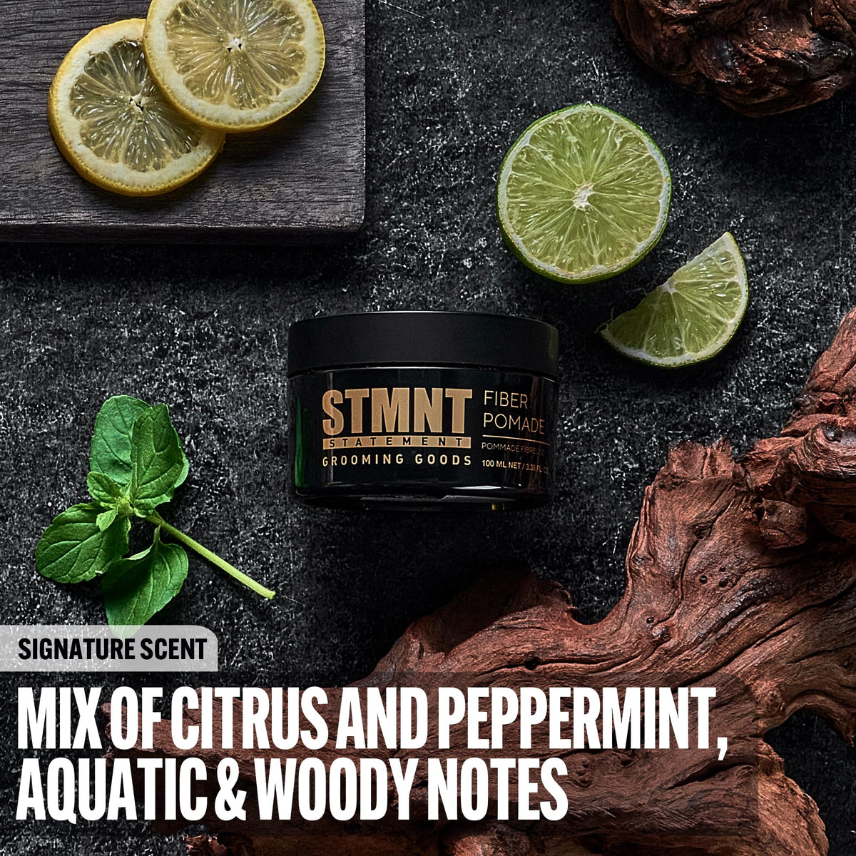 STMNT fiber pomade open jar texture highlighting pliable fibers for separation