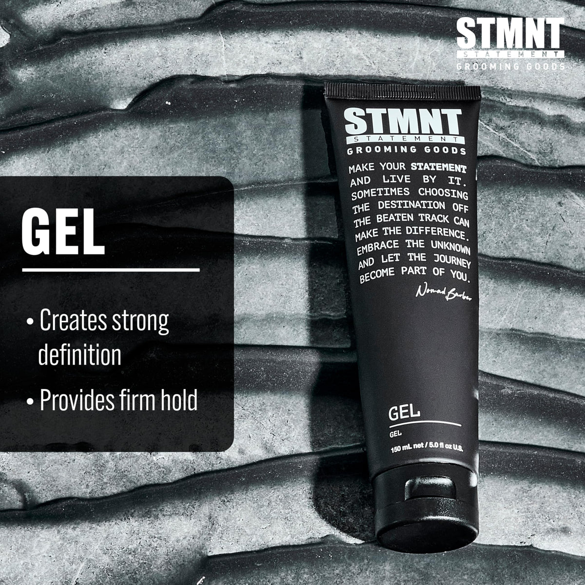 STMNT gel texture close-up displaying satin semi-matte finish benefit
