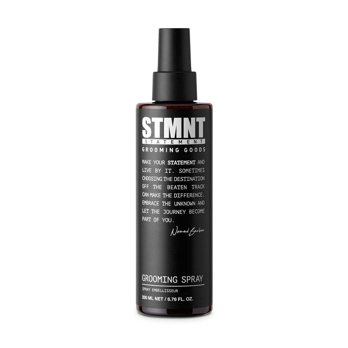 STMNT grooming spray front bottle shows label and sleek design for easy storage