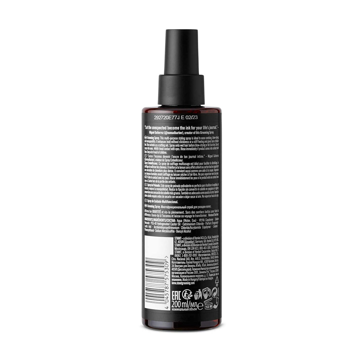 STMNT grooming spray held in hand demonstrates compact 6.7 oz size and portability