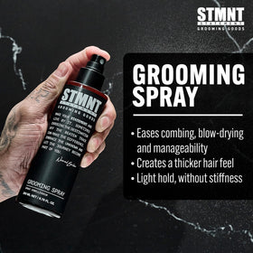STMNT grooming spray fine mist spraying on hair for even prep and faster blow-dry