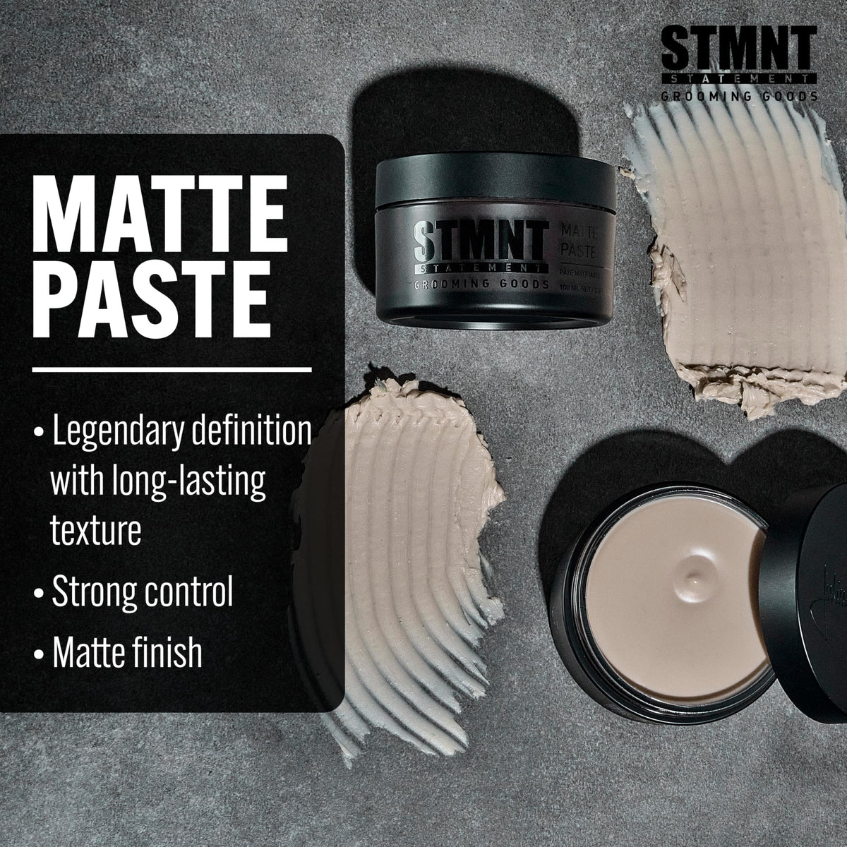 STMNT matte paste texture close-up highlighting dry non-greasy clay for strong definition