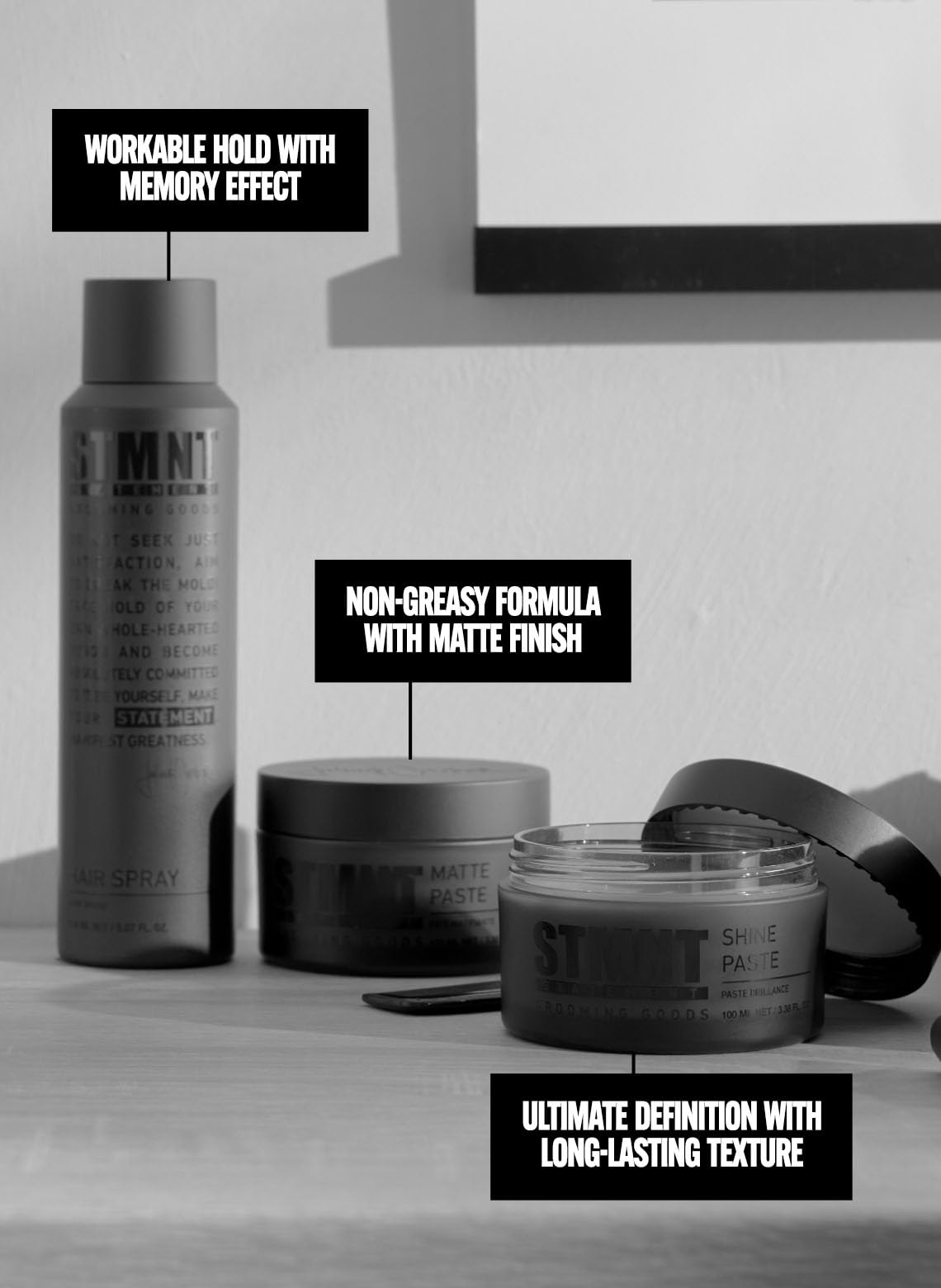STMNT matte paste flatlay with scent notes conveying coconut and sandalwood aroma appeal