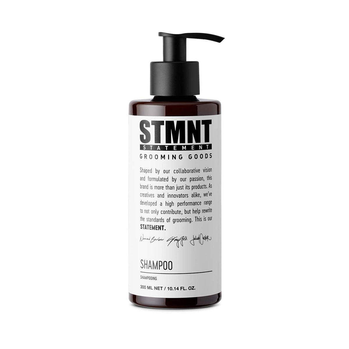 STMNT shampoo front packaging showing bottle and branding, clean presentation benefit