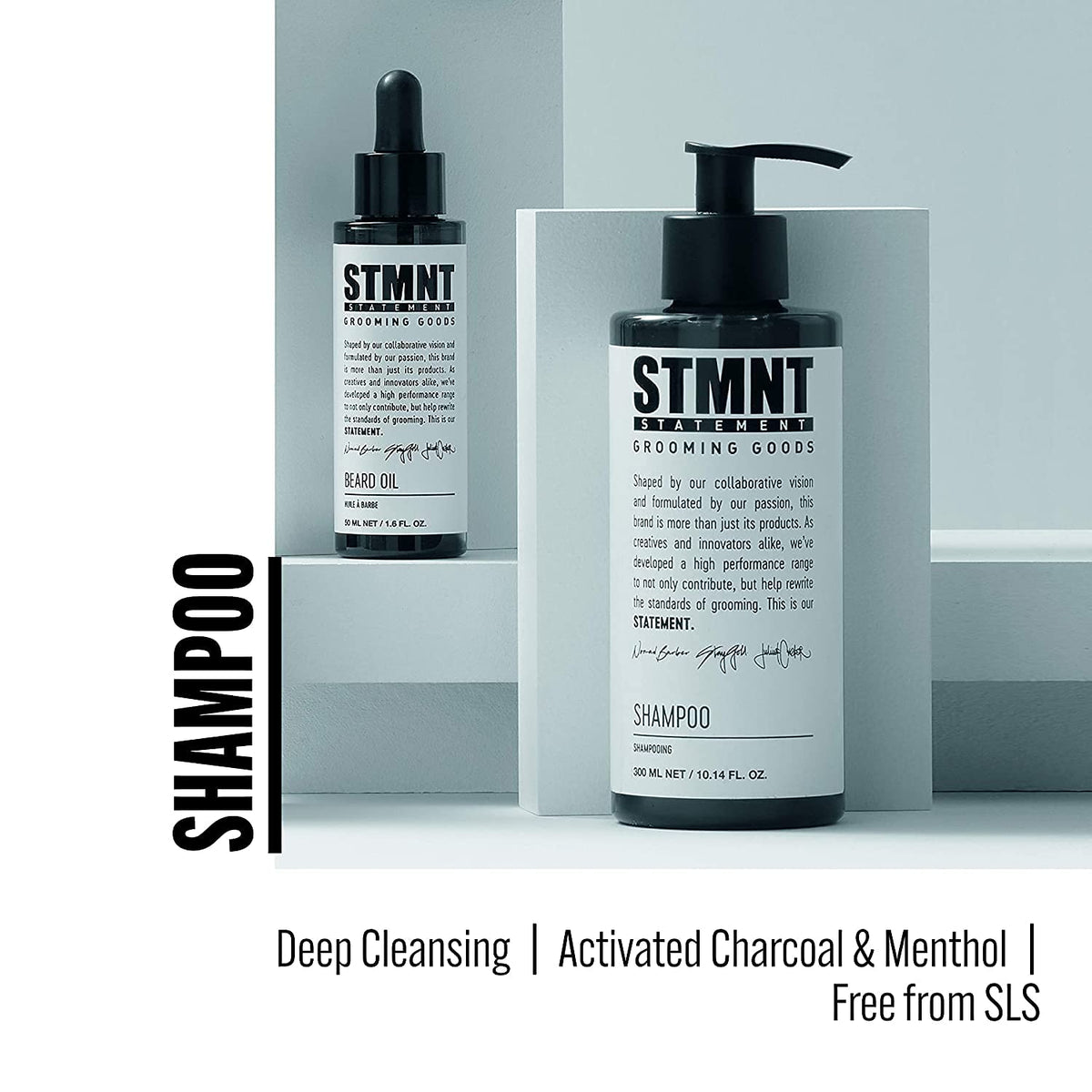 STMNT shampoo in use under shower stream on wet hair, cooling menthol refresh benefit