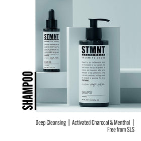 STMNT shampoo being poured and lathering to demonstrate effective cleansing action and ease of use