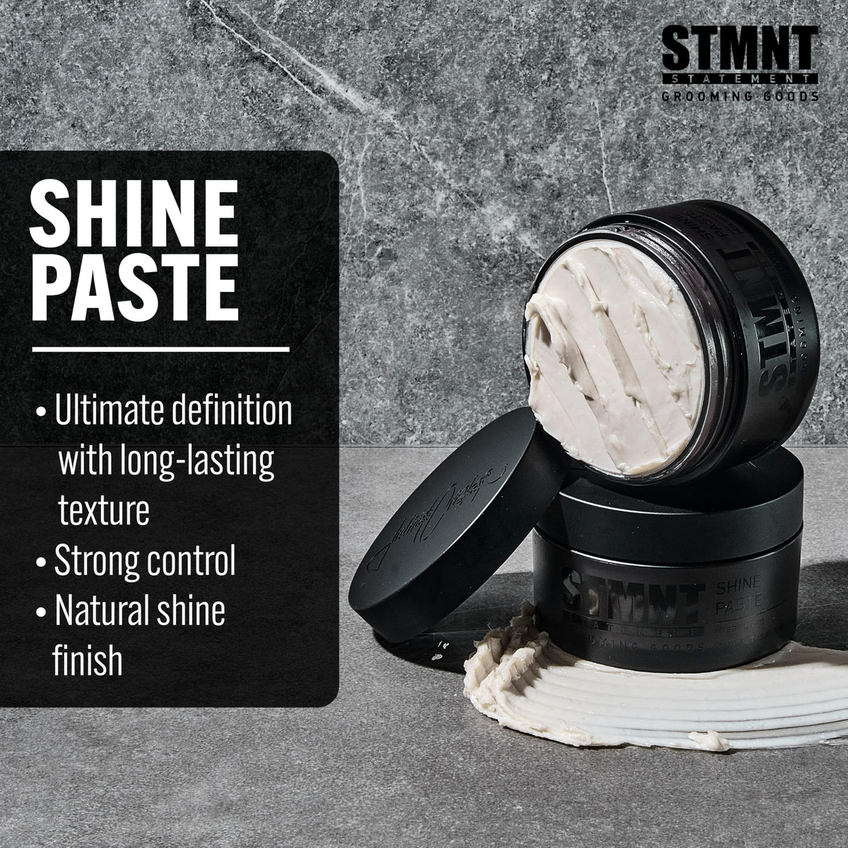 STMNT shine paste open texture on fingertip highlighting creamy non-greasy finish