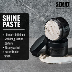 STMNT shine paste open texture on fingertip highlighting creamy non-greasy finish