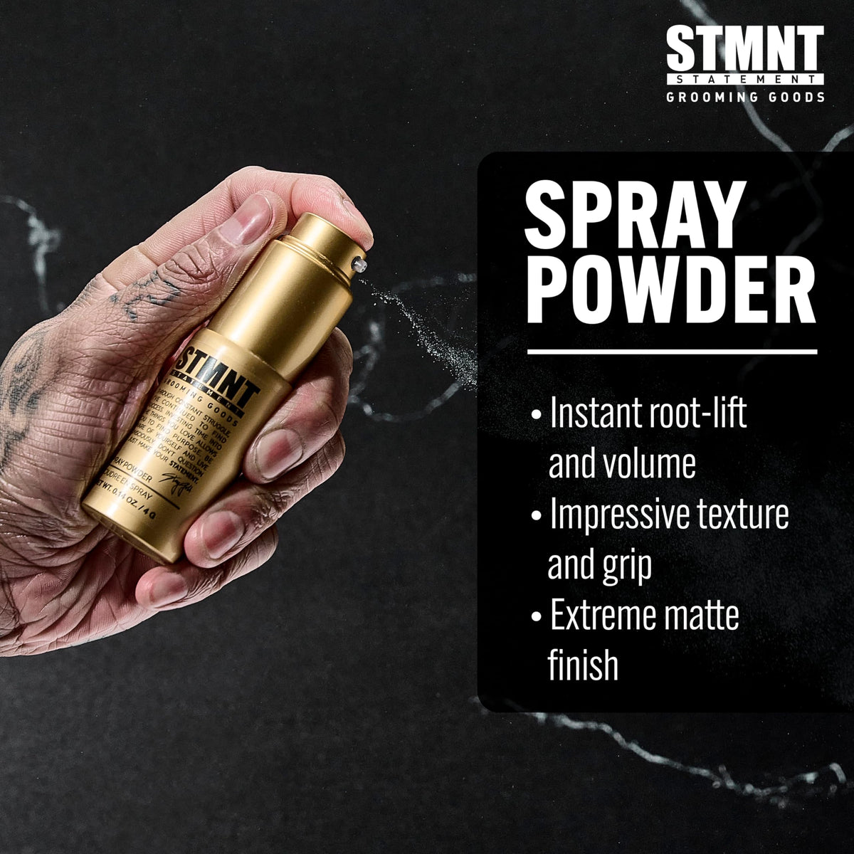 STMNT close-up of fine powder mist demonstrating lightweight texture