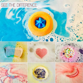 STNTUS INNOVATIONS close-up texture of a bath bomb showcasing shea butter granules and moisturizing benefit
