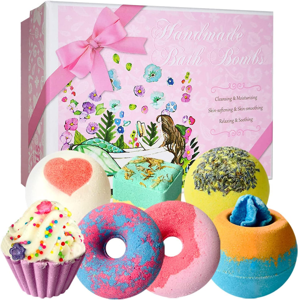 STNTUS INNOVATIONS front packaging showing seven colorful bath bombs and branding benefit gift-ready
