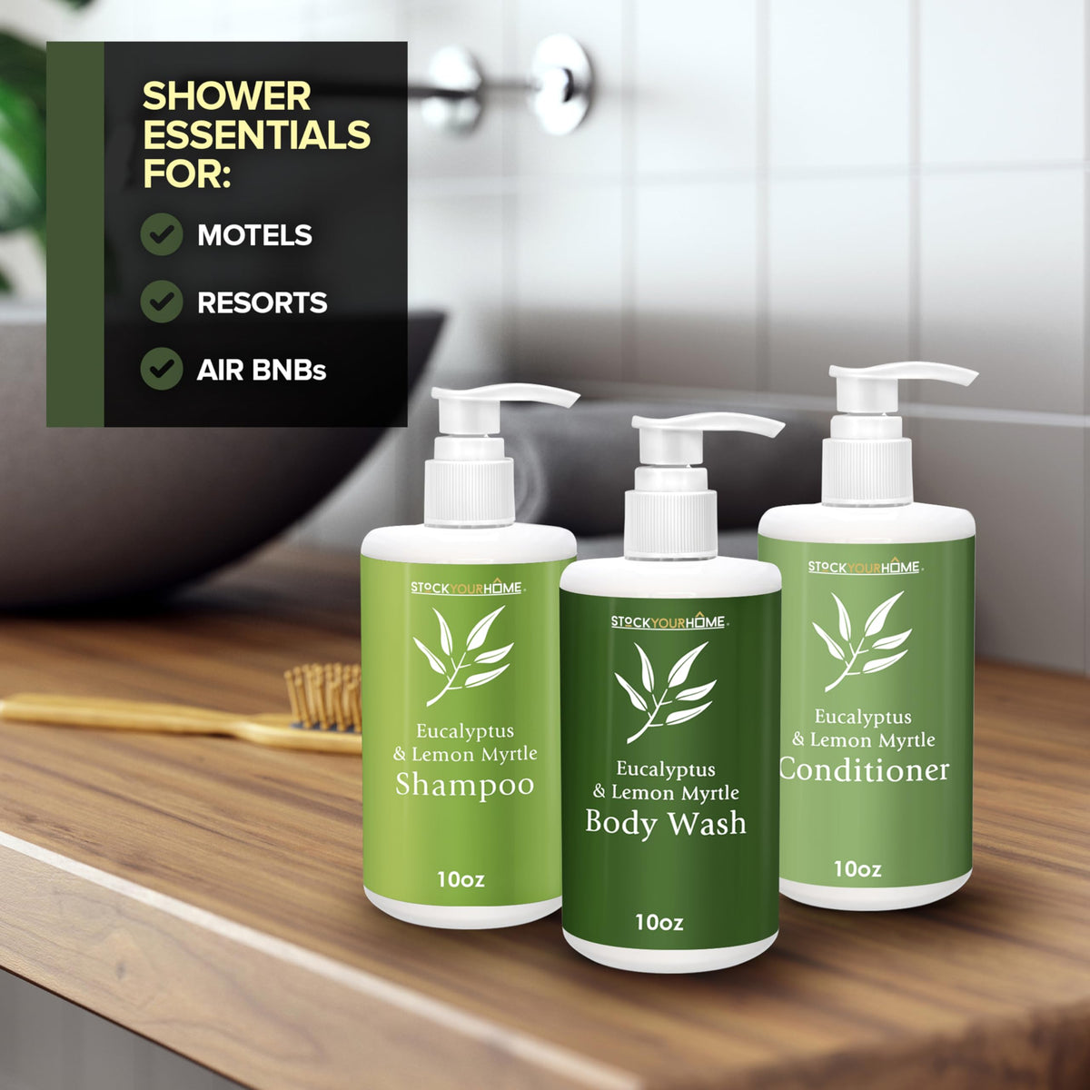 Stock Your Home body wash pump detail displaying easy-dispense benefit for guest convenience