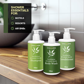 Stock Your Home body wash pump detail displaying easy-dispense benefit for guest convenience