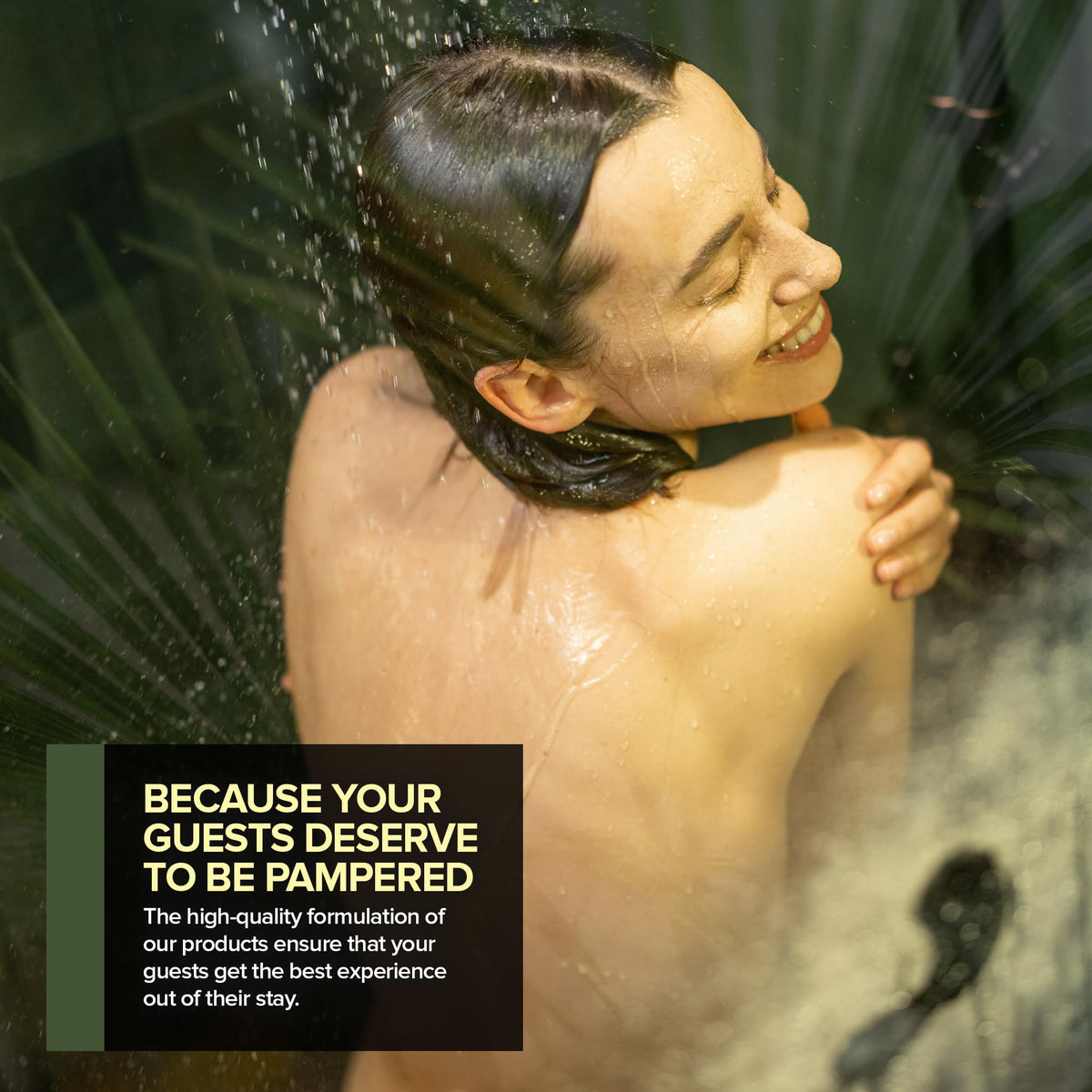 Stock Your Home bottles arranged in a shower setting suggesting spa-like guest experience