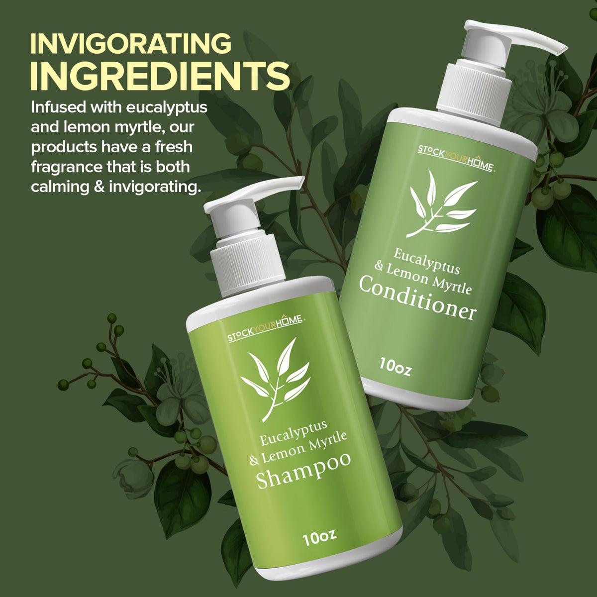 Stock Your Home conditioner bottle label visible showing moisturizing benefit for hair