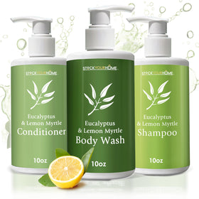 Stock Your Home front packaging showing three 10 oz bottles and neat presentation for guests