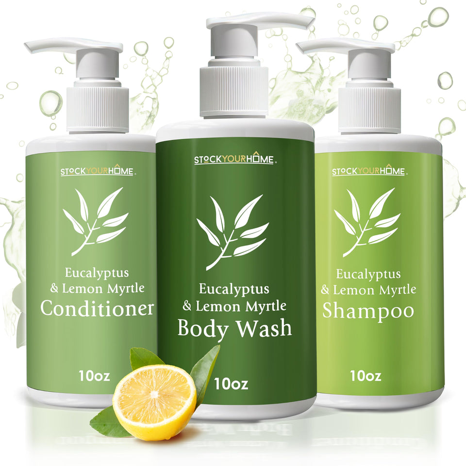 Stock Your Home front packaging showing three 10 oz bottles and neat presentation for guests