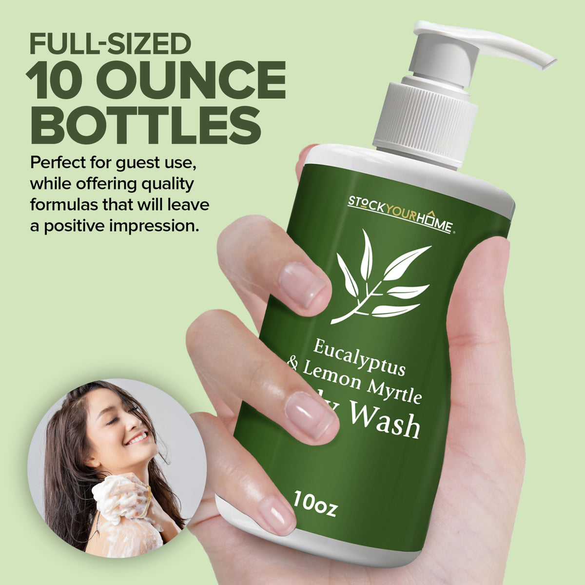 Stock Your Home shampoo bottle label visible with eucalyptus scent benefit for freshness