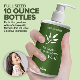 Stock Your Home shampoo bottle label visible with eucalyptus scent benefit for freshness
