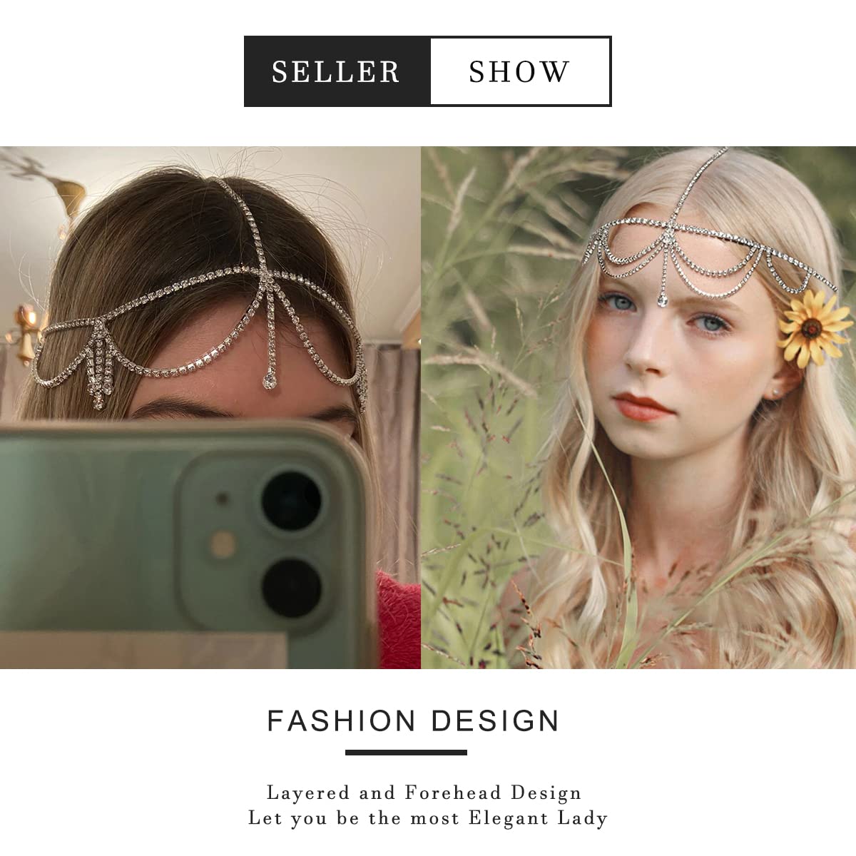 STONEFANS head chain woven into braid showing boho bridal versatility